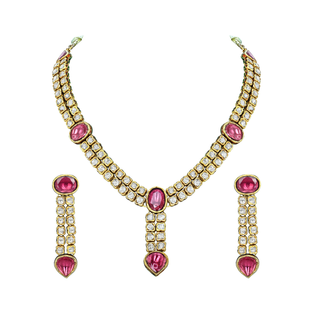 Polki Diamond Necklace Set with Deep Pink Gemstones and Drop